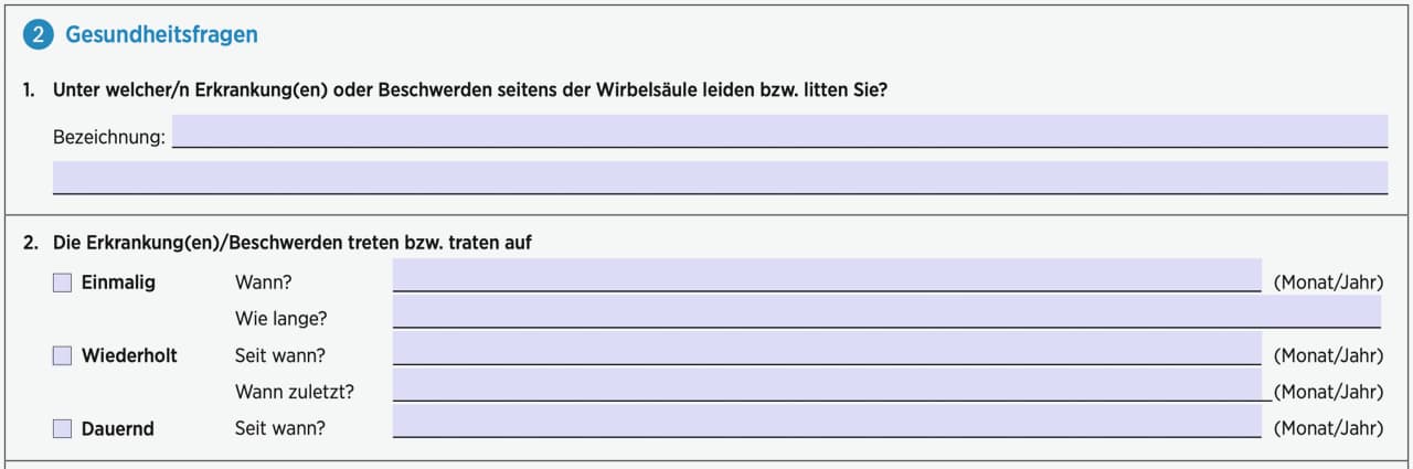 Gesundheitstabelle für Berufsunfähigkeitsversicherung.