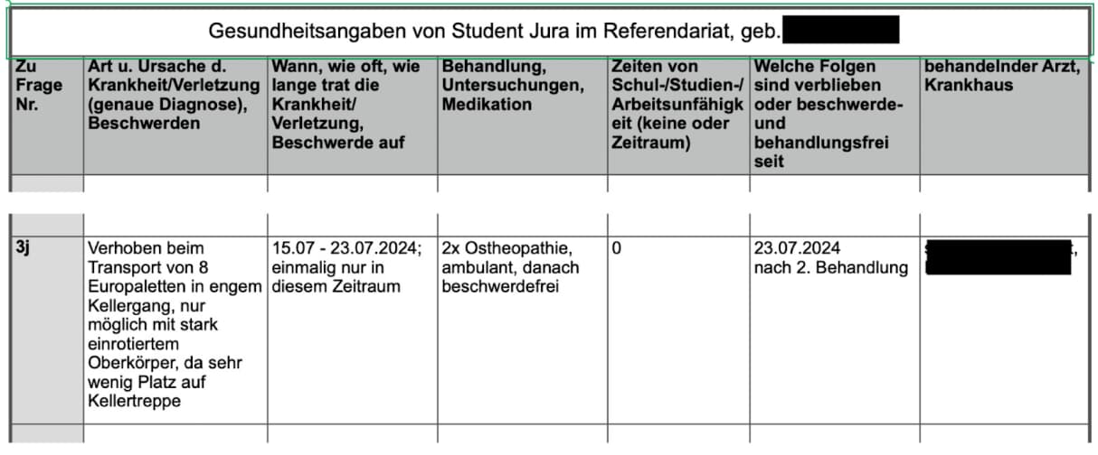 Gesundheitsangaben zur Berufsunfähigkeitsversicherung von Student im Jura-Referendariat.