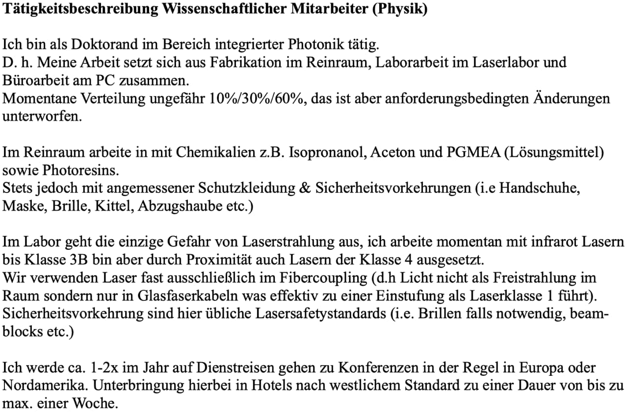 Beschreibung beruflicher Gefahren für wissenschaftliche Mitarbeiter im Tätigkeitsbogen.