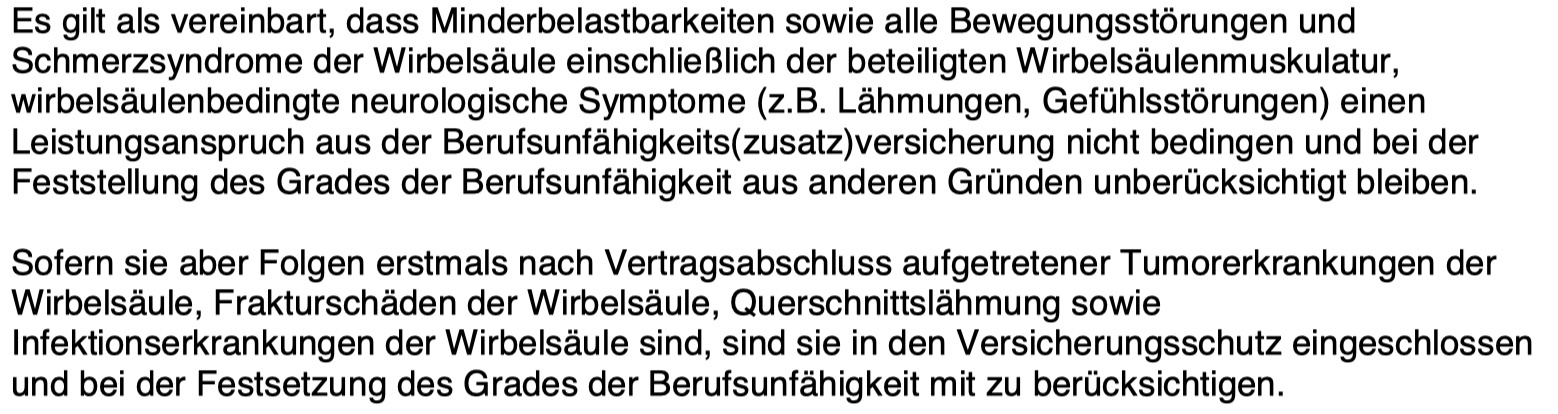 Leistungsausschluss bei Wirbelsäule Rücken Klausel zum Leistungsausschluss bei Wirbelsäulen- bzw. Rückenproblemen.