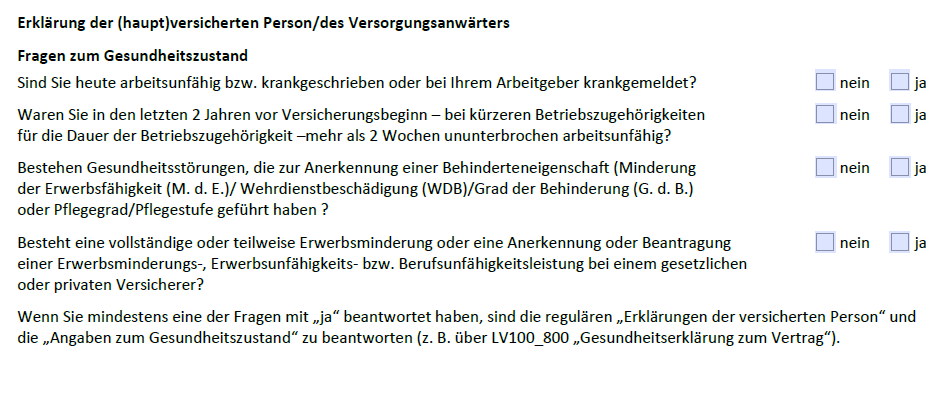 Gesundheitsfragen der Nürnberger für eine BU-Versicherung mit vereinfachten Gesundheitsfragen.